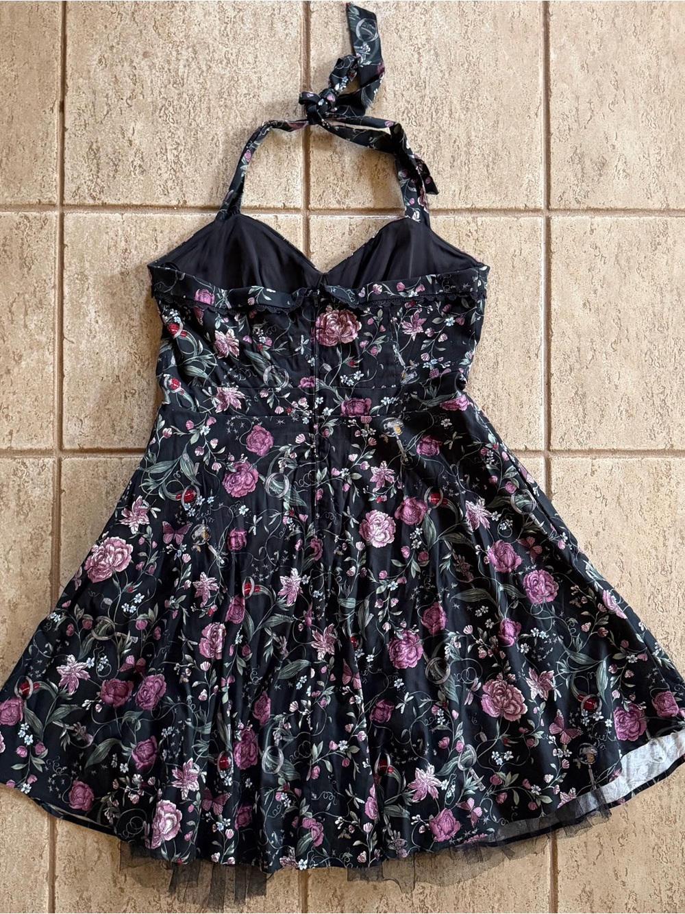 Hot Topic Retro Halter Sundress XXL Black Flowers Insects Whimsigoth Rockabilly - Picture 6 of 10